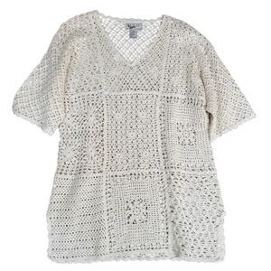Vintage Gina Peters Shirt Top Women's Medium White Crochet Granny Square NWT Y2K